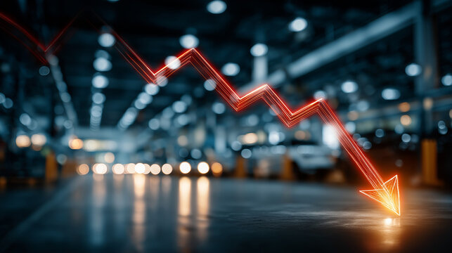 Economic Downturn: Illustrating the impact of a market decline, a red arrow dramatically plunges downward against a backdrop of a blurred factory, symbolizing economic challenges.