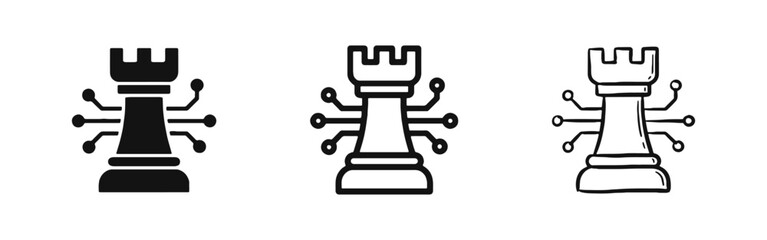 Strategic Technology Icon Set - Chess Rook with Circuit Lines in Solid, Outline, and Hand-Drawn Styles © drawing lines
