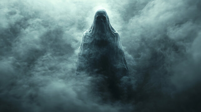 Mysterious Figure Emerging from Ethereal Clouds in a Dreamlike Atmosphere.