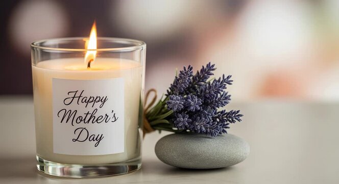 Burning candle with lavender flower on zen stone. Elegant gift for Mothers day celebration. Peaceful home decor decoration for meditation and relaxation setting.