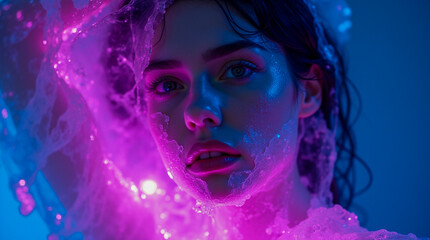 Obraz premium young woman with glowing neon purple liquid ice effect on face in dark surreal portrait