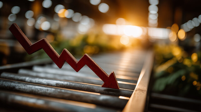 Economic Downturn: A visual metaphor of economic decline, symbolized by a downward trending arrow superimposed over an industrial conveyor belt, highlighting concerns about industry and business.