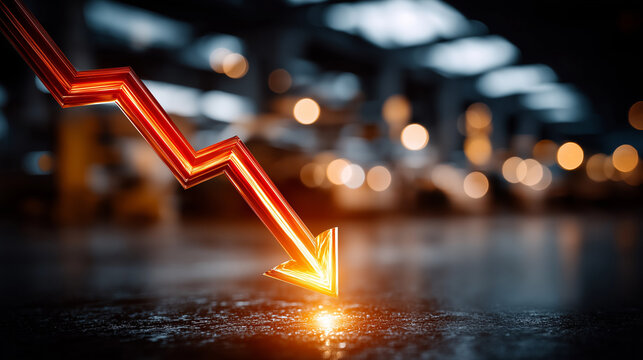 Economic Downturn Symbolized: A visually striking image captures a glowing red arrow plunging downwards, a powerful emblem of economic challenges and market declines, set against a blurred background.