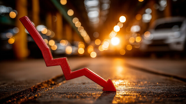 Economic Decline Symbolized: A visual metaphor of economic downturn, with a red arrow pointing downward amidst a blurred backdrop of vehicles. Reflecting financial setbacks and economic instability.