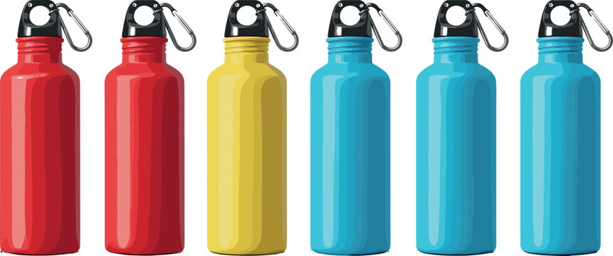Set of 6 Vector Illustrations of Red, Yellow, and Blue Water Bottles with Carabiner Hooks for Websites, Apps, and E-commerce Designs