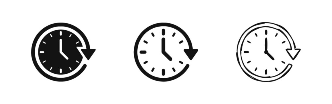 Clock with History or Reload Arrow Icons Set in Solid Outline and Hand Drawn Styles