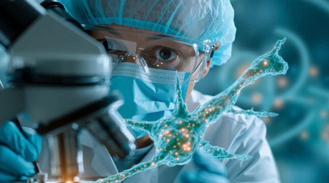 Unveiling Microscopic Wonders: A dedicated scientist peers into a microscope, their focus unwavering as they explore the intricacies of a neuron cell.