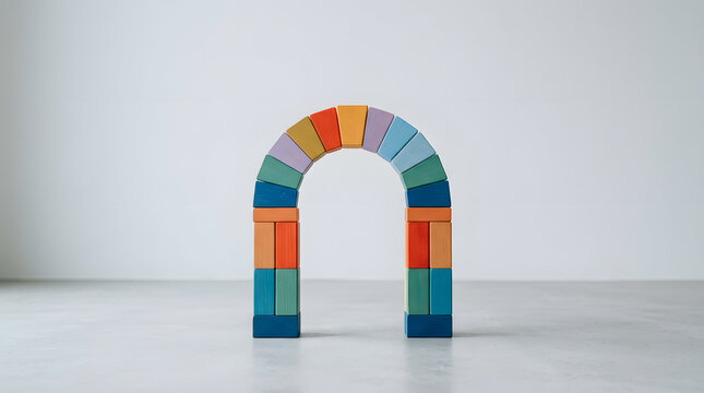 Rainbow Block Arch Diversity Support. A colorful arch constructed from various wooden blocks, representing how diverse parts come together to form a strong, supportive structure.