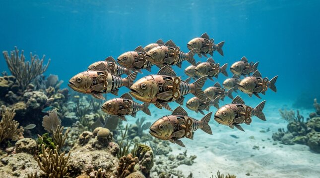 Steampunk mechanical fish school swimming in vibrant coral reef underwater