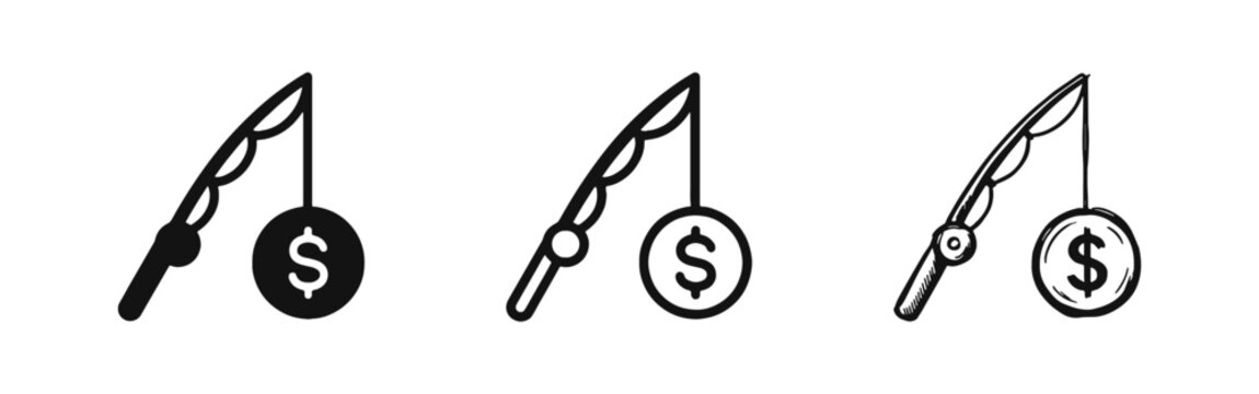 Fishing for Money Icons Set with Dollar Coin in Solid Outline and Hand Drawn Styles