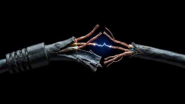 Close up of damaged electrical wire with blue electric sparks and short circuit, electrical hazard and safety concept, isolated on black background.
