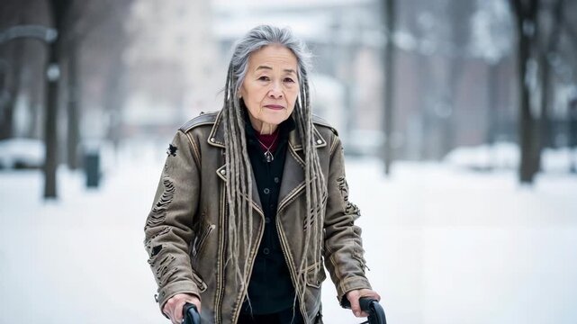 Elderly woman walking with a walker in a snowy park. Senior person with mobility aid outdoors in winter. Active aging concept