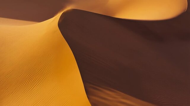A smooth golden sand dune with a sharp, curved crest casts a deep shadow in the warm sunlight against the desert landscape