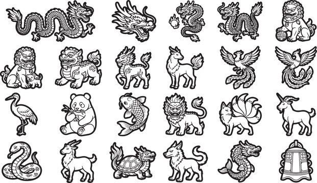 Various mythological creatures and beasts. Displaying an array of mythical creature illustrations, each with intricate detail. 