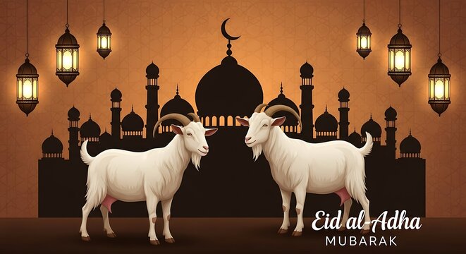 Two goats with mosque for eid al adha celebration