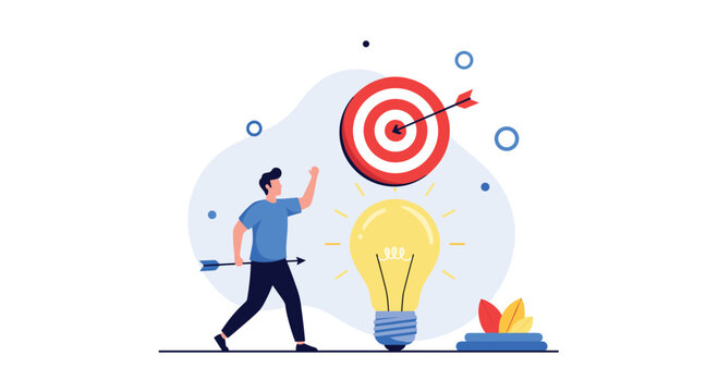 Skilled man aims a bow and arrow at a target positioned directly above a large glowing lightbulb to represent focused innovation strategy.