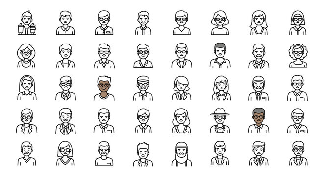 Diverse group of people icons representing various ages, genders, and professions in a clean outline style collection