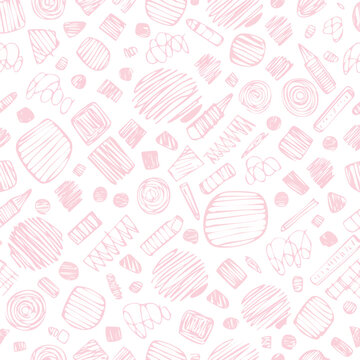 Abstract pink scribble pattern with hand drawn elements on white background