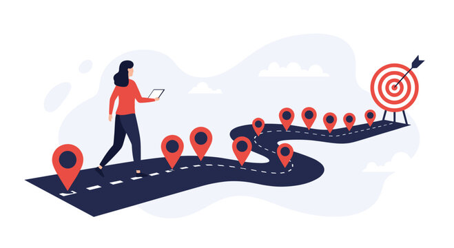 Ambitious businesswoman walking on a winding path with location pins leading towards a target representing a strategic journey to success.