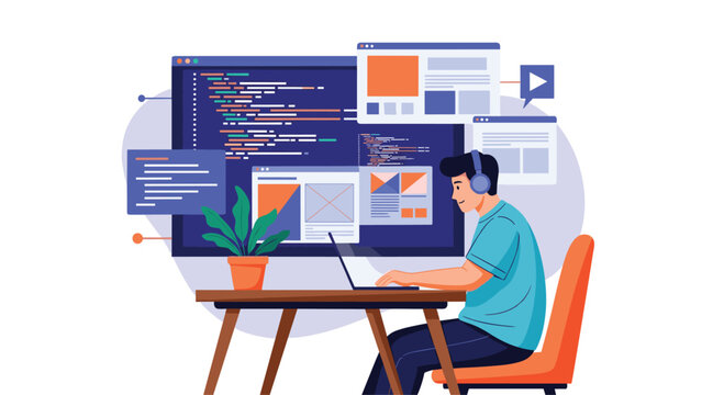 Software developer working on a laptop surrounded by various floating windows displaying code and website interfaces in a digital workspace.