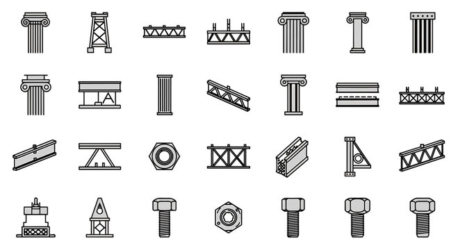 Set of architectural elements including columns trusses beams nuts bolts and industrial construction components isolated on white