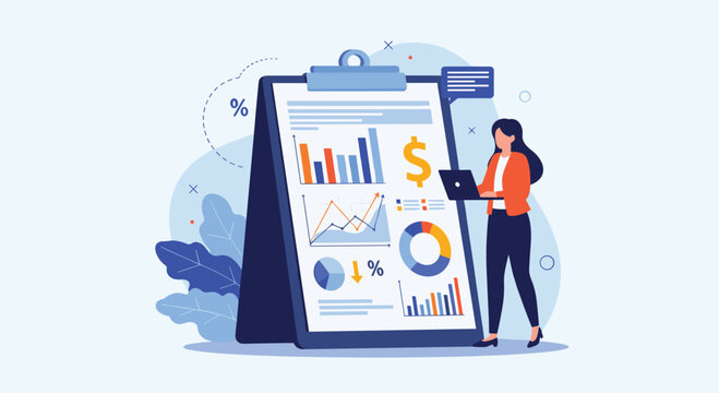 Business woman working on a laptop while standing next to a giant clipboard displaying various financial data charts and growth statistics.