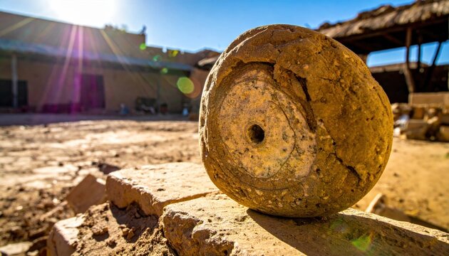 Ancient weathered grinding stone artifact resting on a brick ledge at a historic desert site under the bright sun.