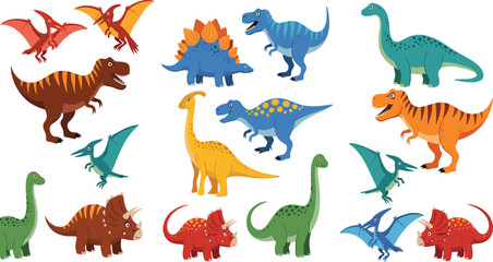 Obraz premium Colorful Cute Cartoon Dinosaur Mega Collection Set with T-Rex Triceratops Pterodactyl Stegosaurus and Brontosaurus for Kids Design