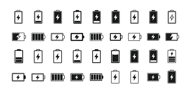 Collection of Battery Icons Representing Power Levels and Charging Status, Various Styles
