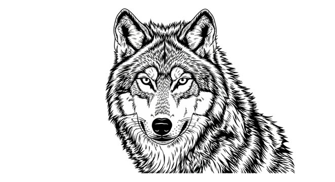 Detailed black and white hand-drawn illustration of a majestic wolf's head, intense gaze, wild animal art and design element.