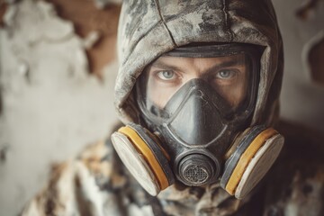 Fototapeta premium Worker in safety mask near moldy wall