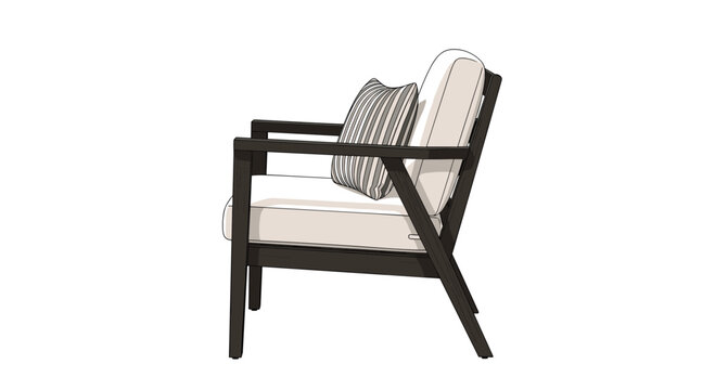 Sleek modern patio armchair made of dark wood with ivory cushions and decorative striped pillow shown from side perspective.