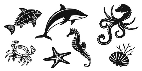 Set of marine life silhouettes featuring shark sea turtle crab starfish seashell seahorses starfish seashell seahorse wildlife underwater silhouette collection creature exploration isolated © Mithila