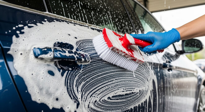 Close-up of a foam-covered brush cleaning a car body at a self-service car wash, concept of effective vehicle cleaning and maintenance  