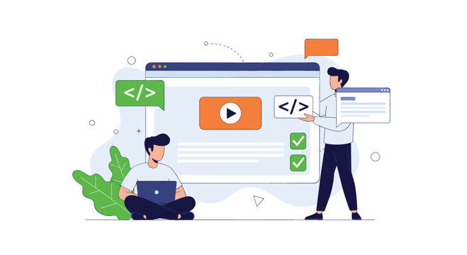 Two web developers work together with coding symbols and checkmarks around a large computer browser window to build a website.