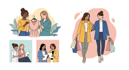 Fototapeta premium Group of fashionable women enjoy shopping together looking at clothes and walking with colorful shopping bags while socializing.
