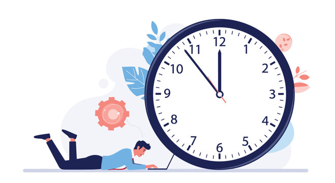 Busy man lying on floor works on laptop in front of giant analog clock showing midnight representing deadlines and overtime.