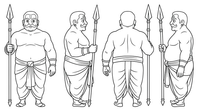 Warrior man character model sheet outline with spear and dhoti outfit.