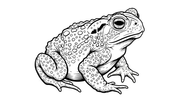 Highly detailed black and white illustration of a textured toad amphibian. Realistic line art drawing of a warty frog creature.