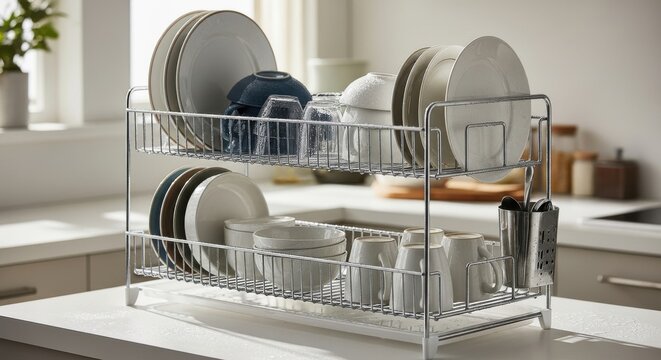 Two-tier chrome dish drying rack neatly organized with clean plates cups and bowls on a kitchen countertop