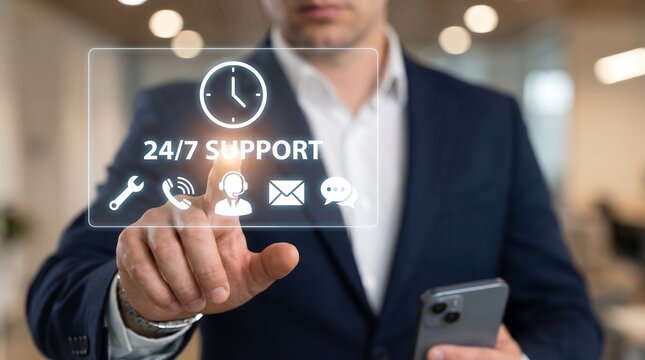 Professional businessman touching 24/7 support virtual display interface with communication icons for customer service and technical assistance management solutions concept