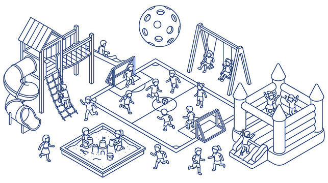 Isometric line art of children playing games at modern playground facility.