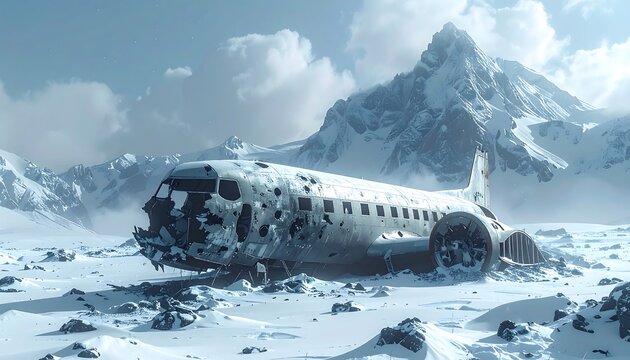 Wrecked plane in a snowy mountainous landscape