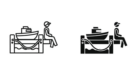 Fototapeta premium Man sitting on a wooden pier with a boat icon, simple style