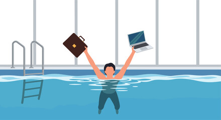 Fototapeta premium Businessman struggles in a swimming pool while holding his briefcase and laptop high above the water to represent work-life balance challenges.