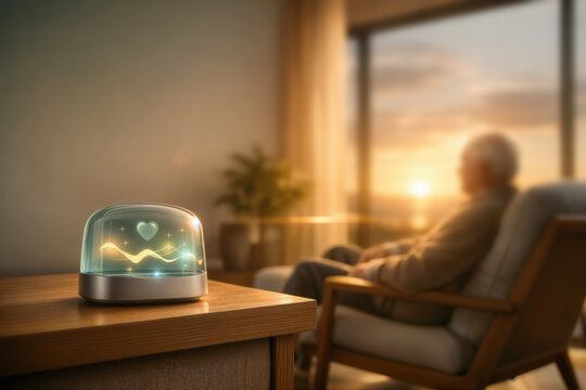 Aging in place palliative care dignity at home with compassionate home health monitoring device on oak table elderly person by window golden hour senior wellness home hospice tech