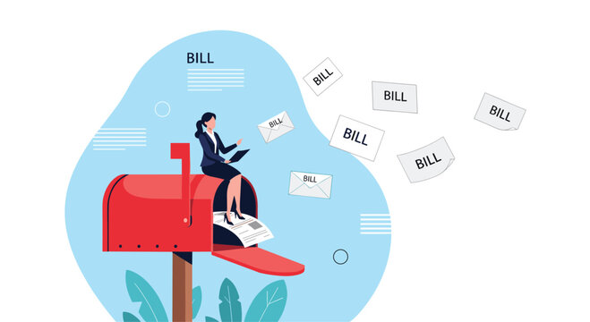 Woman sits on a giant red mailbox while several letters labeled bill fly through the air, depicting financial stress and managing debt.