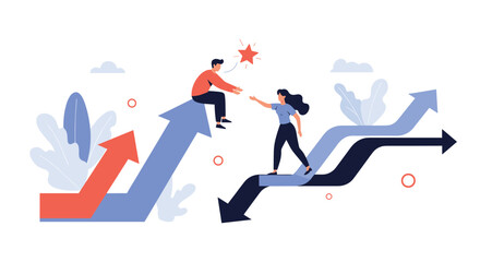 Obraz premium Man sitting on a blue arrow helps a woman step up from a different path, representing mentorship, support, and professional collaboration.
