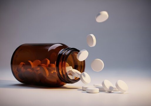Brown medicine bottle spilling white round tablets on a surface