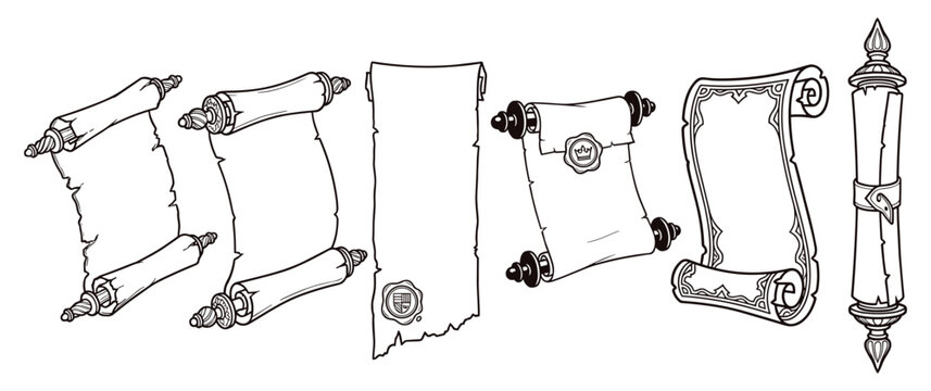 Medieval paper scrolls collection with wax seals and wooden handles.